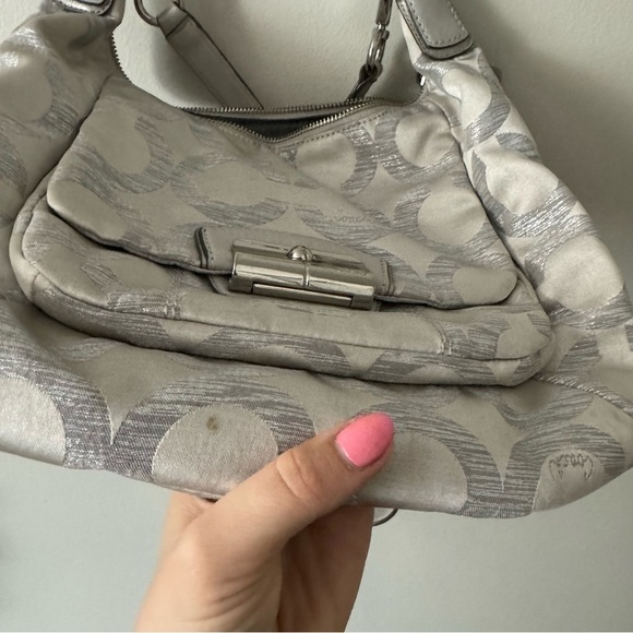Coach Kristin  Sequin Op Art Hobo Shoulder Canvas Bag Silver Grey - Picture 4 of 9
